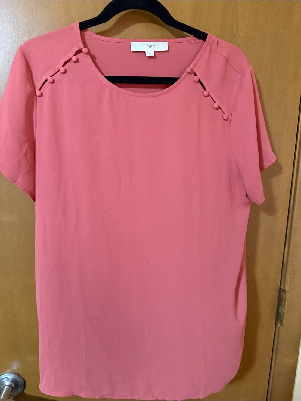 LOFT Coral Pink Short-Sleeve Blouse with Button Shoulder Detail